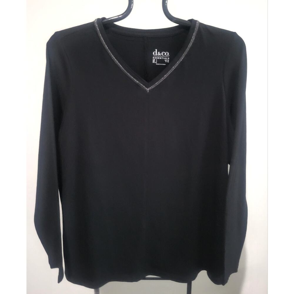 Denim & Co Large Black Cotton Spandex Metallic Detail Top NWOT A299225
